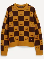 Acne Studios Face Logo Checkerboard Wool Knit Crewneck Sweater In Ochre Orange,coffee Brown