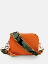 Apatchy London Orange Leather Crossbody Bag With Orange & Gold Stripe Camo Strap