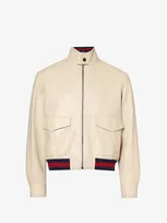 Gucci Web-stripe Leather Jacket In Beige,blue,red