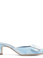 Manolo Blahnik 50mm Maysalebi Grosgrain Mules In Light Blue,white