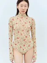 Prada Floral-print Slim-fit Stretch-tulle Bodysuit In Red