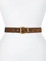 Saint Laurent Ysl Monogram Leopard-print Suede Belt In Brown Mult