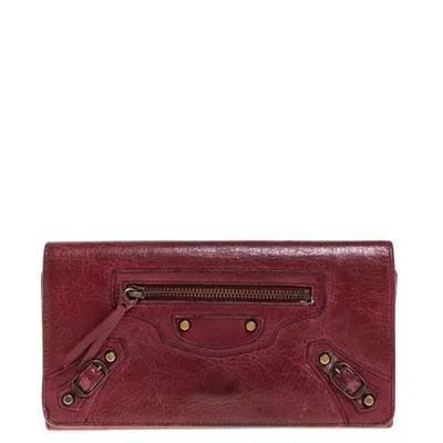 Pre-owned Balenciaga Bordeaux Leather City Wallet In Red