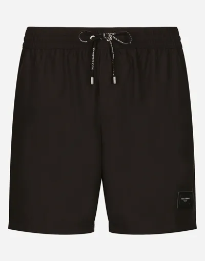 Dolce & Gabbana Mid-length Swim Trunks With Branded Plate In Black