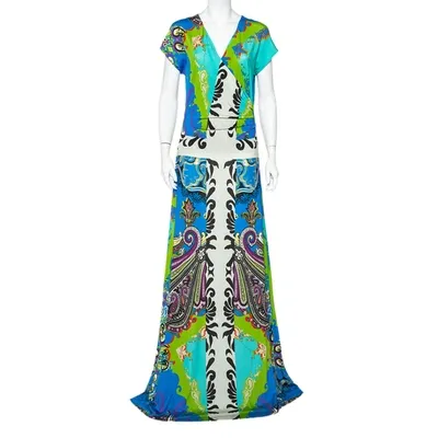 Pre-owned Etro Multicolor Jersey Draped Faux Wrap Maxi Dress L