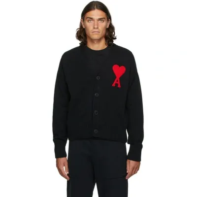 Ami Alexandre Mattiussi Ami Ami De Coeur Heart Intarsia Cardigan In Noir Rouge