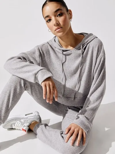 Carbon38 Brushed Ribbed Cropped Hoodie - Heather Grey - Size Xxs