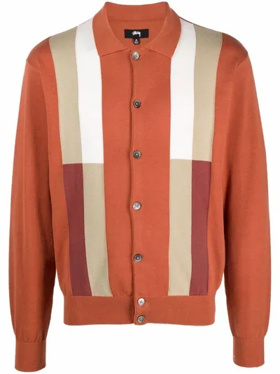 Stussy Striped Detail Cardigan In Burnt Orange