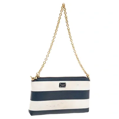 Pre-owned Dolce & Gabbana Blue/white Striped Leather Chain Pouch