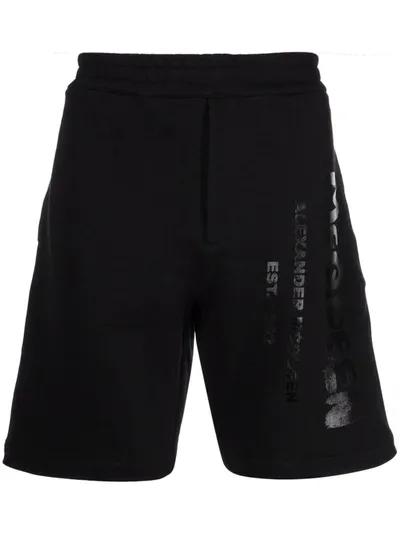 Alexander Mcqueen Logo Print Black Track Shorts In Nero