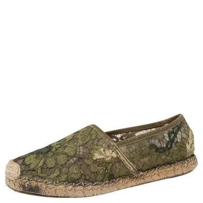 Pre-owned Valentino Garavani Green Lace Espadrille Flats Size 37