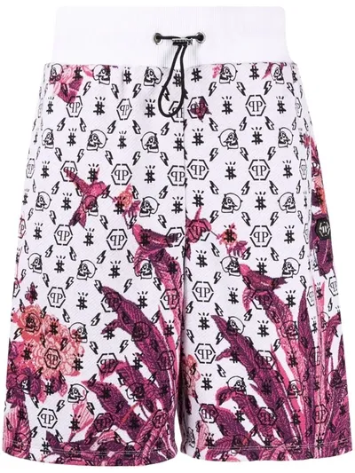 Philipp Plein Floral Logo Drawstring Shorts In Weiss