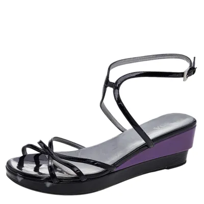 Pre-owned Prada Black Patent Leather Ankle Strap Wedge Sandals Size 38.5