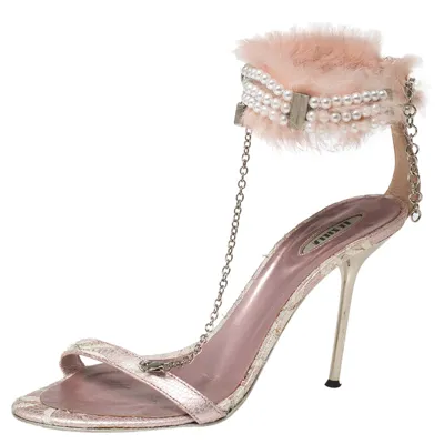 Pre-owned Le Silla Pink Lace And Pearl Chain Embellished Fur T-strap Sandals Size 37