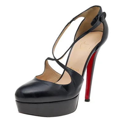 Pre-owned Christian Louboutin Black Leather Criss Cross Platform Pumps Size 37.5