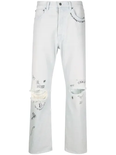 Golden Goose Distressed-effect Text-print Straight-leg Jeans In Blue