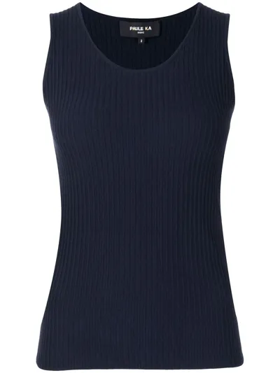 Paule Ka Ribbed-knit Sleeveless Top In Blue