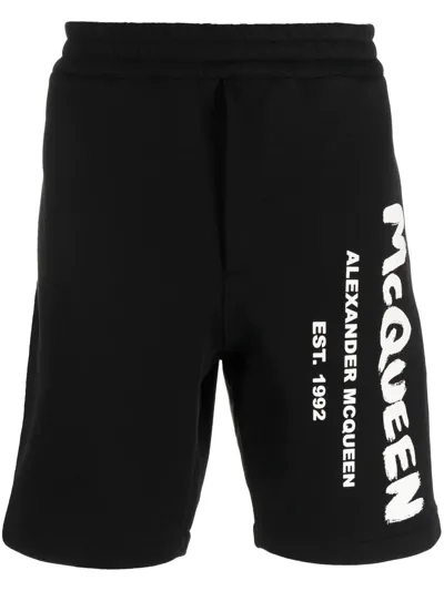 Alexander Mcqueen Logo Graffiti Bermuda Shorts In Black Ivory