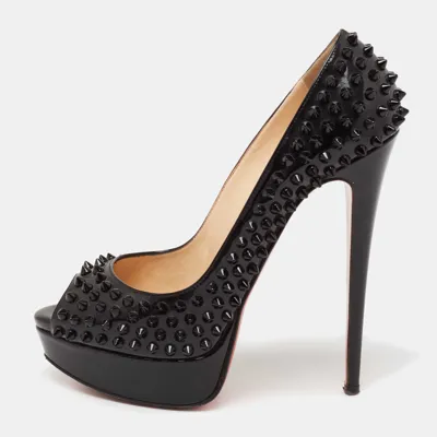 Pre-owned Christian Louboutin Black Leather Lady Peep Spike Peep Toe Platform Pumps Size 39