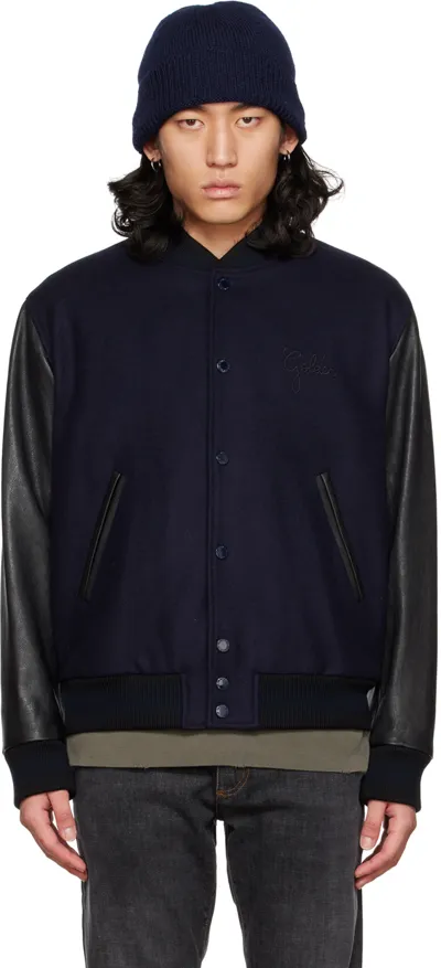 Golden Goose Aleandro Bomber Jacket With Leather Sleeves In Dark Blue