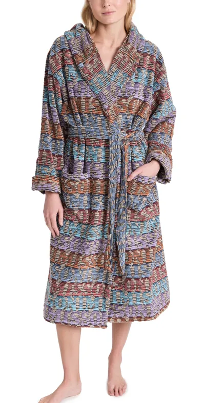 Missoni Striped Towelling Hooded Bathrobe In Blue