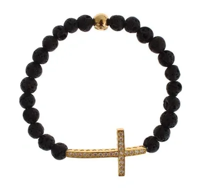 Nialaya Lava Stone Gold Clear Cz Cross 925 Silver Bracelet In Black