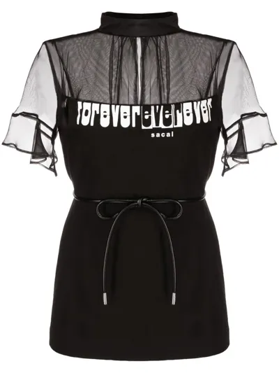 Sacai Contrast-panel Belted T-shirt In Black