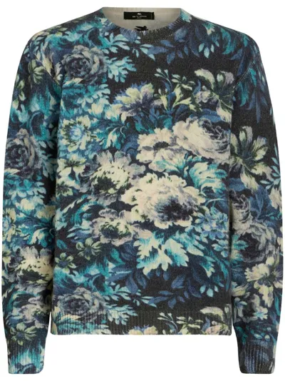 Etro Floral-print Virgin Wool Jumper In Blue