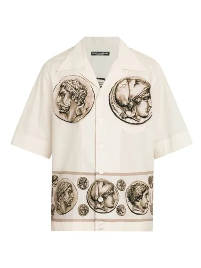 Dolce & Gabbana Hawaiian Popeline Shirt With Coin Print In Monete Fondo Latte