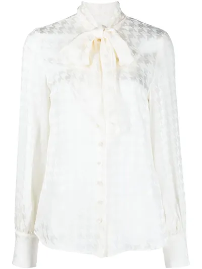 Msgm Gathered Tie-neck Houndstooth-pattern Blouse In White