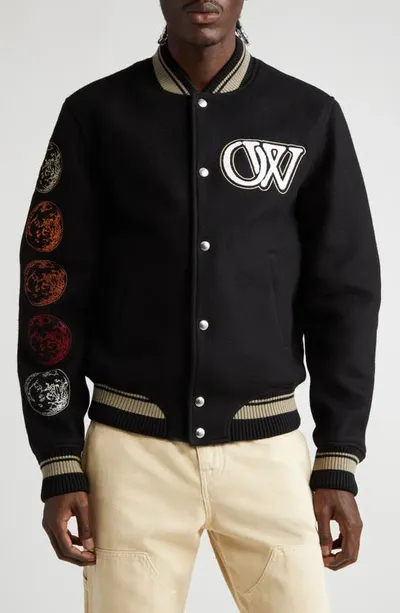 Off-white Moon Phase Varsity Bomber Jacket In Black White