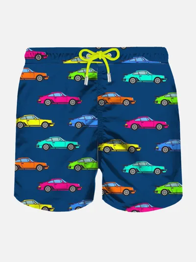 Mc2 Saint Barth Man Swim Shorts With Cars Print In Blue