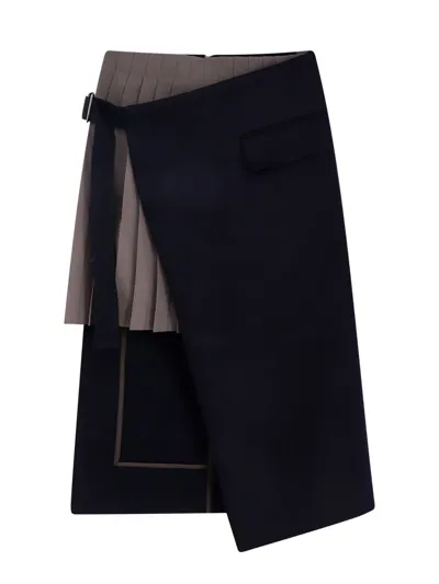 Sacai Womens Navy Contrast-panel Pleated Wool Midi Skirt In Blue