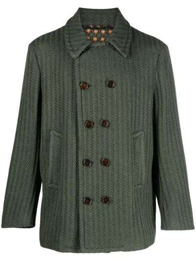 Etro Double-breasted Sportswear Jacket With Herringbone Pattern In Green