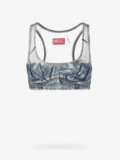 Diesel Denim-patchwork Mesh Top In Blue