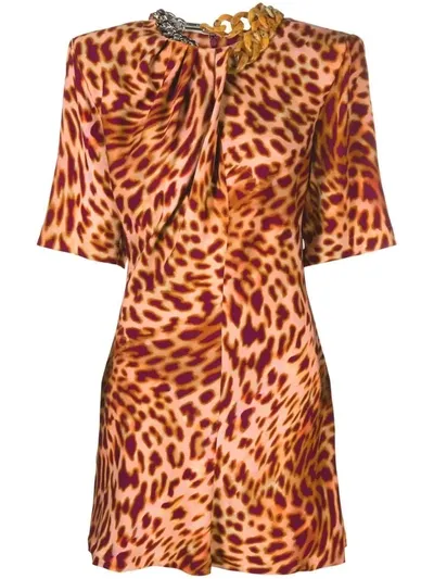 Stella Mccartney Cheetah Mini Dress In Martini Pink Cotton With Falabella Chain In Animalier