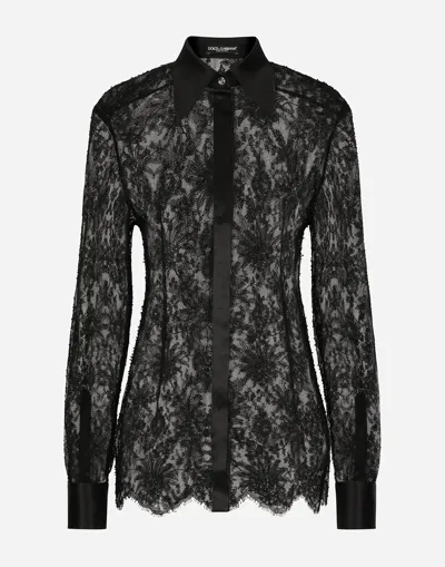 Dolce & Gabbana Chantilly Lace Shirt With Satin Details In Black