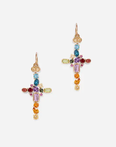 Dolce & Gabbana Rainbow Alphabet Earring In Yellow Gold With Multicolor Fine Gems