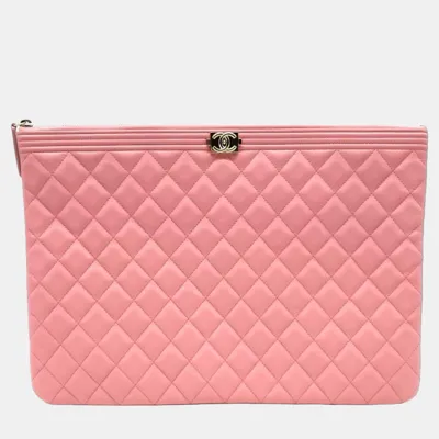 Pre-owned Chanel Pink Lambskin Boy Large Clutch