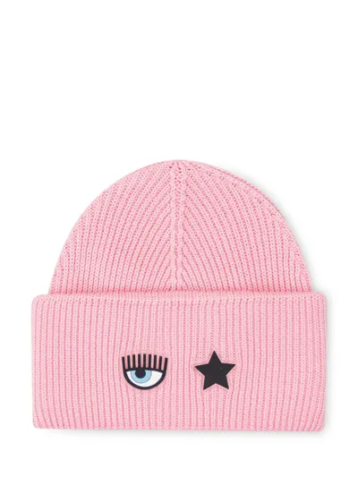 Chiara Ferragni Logo-patch Ribbed Beanie In Pink