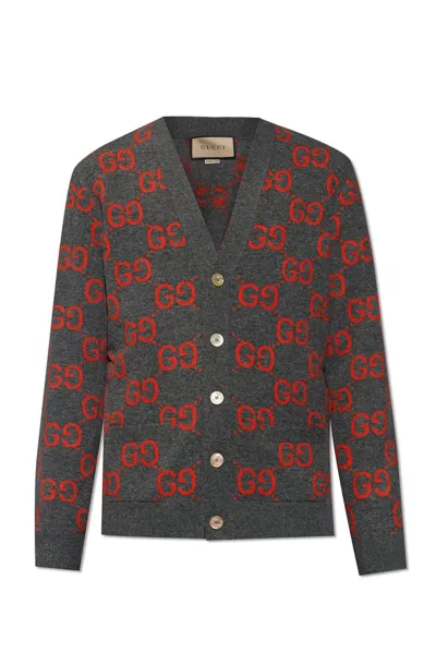 Gucci Gg Wool Jacquard Cardigan In Grey