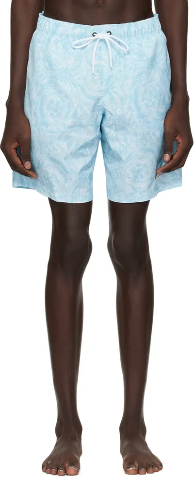 Versace Barocco-print Board Shorts In Light Blue