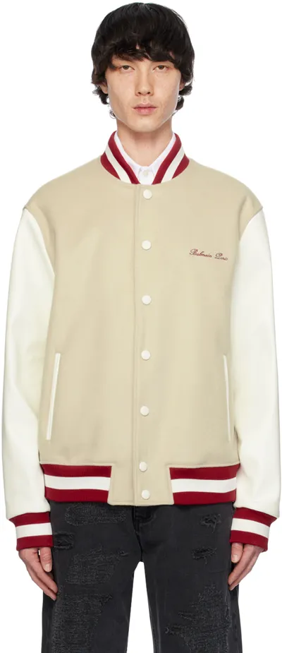 Balmain Beige Paneled Faux-leather Bomber Jacket In Brown