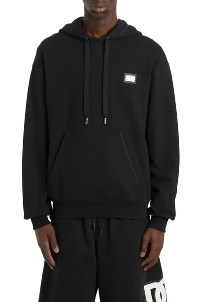 Dolce & Gabbana Logo Plate Cotton Hoodie In N0000 Nero