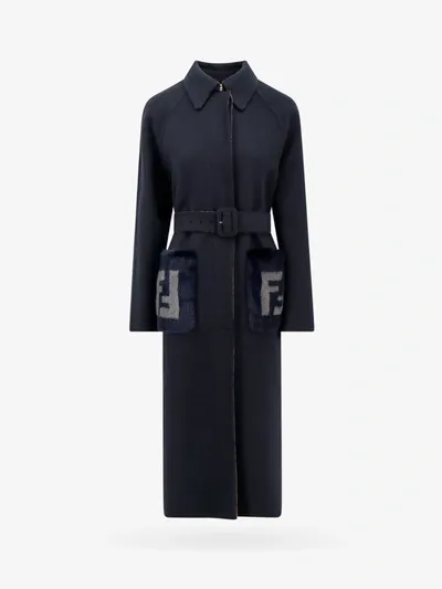 Fendi Men Monogram-print Belted Virgin-wool Coat In Blue