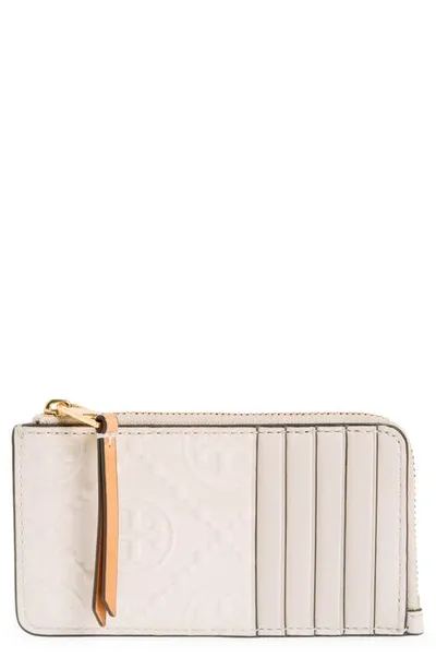 Tory Burch T Monogram Patent Embossed Leather Zip Card Case In Light Cream