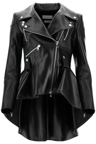 Alexander Mcqueen Peplum Leather Biker Jacket In Black