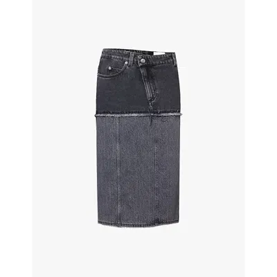 Alexander Mcqueen Womens Black Stonewashed Contrast-panels Five-pockets Denim Midi Skirt