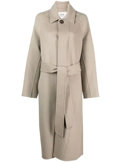 Ami Alexandre Mattiussi Belted Single-breasted Coat In Beige