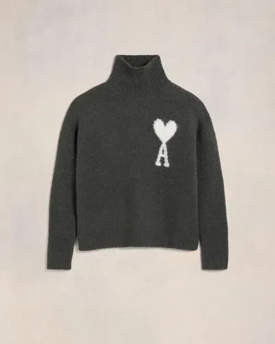 Ami Alexandre Mattiussi Off-white Ami De Coeur Funnel Neck Sweater Grey In Dark Grey